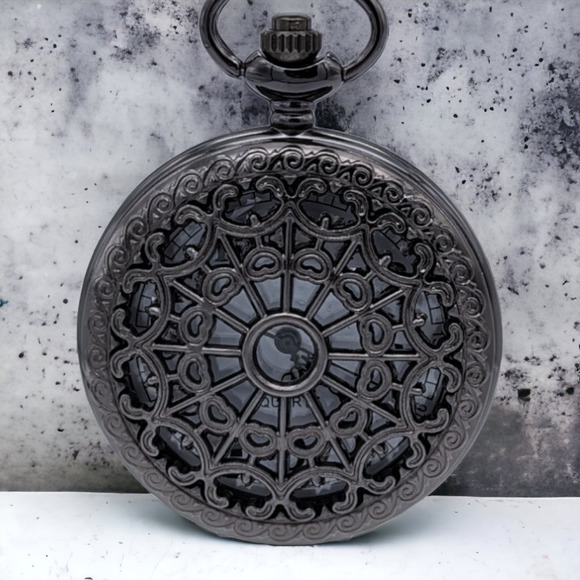 Pocket Watch NEW Black Cutout Spiderweb Gift Vintage Look - Picture 2 of 6